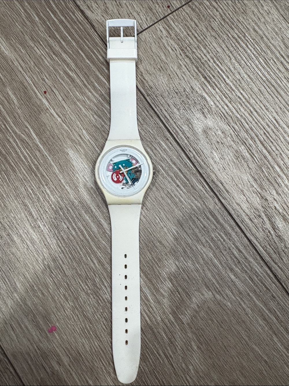 Swatch White Silicone Watch with Colorful Skeleton Dial